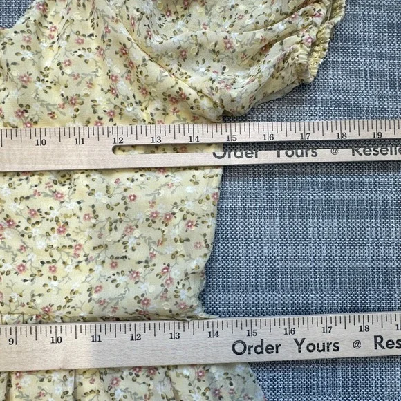 Trixxi Butter Yellow Floral Dress Medium Puff Sleeve Babydoll Sheer Overlay * - Picture 7 of 11